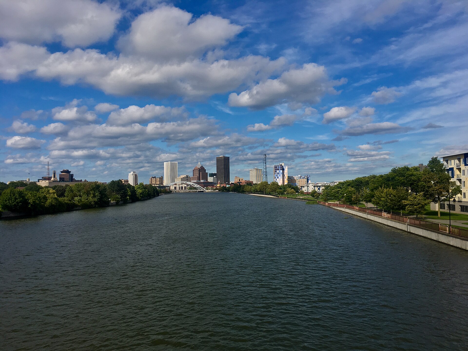 Downtown Rochester, New York — the skyline across the Genesee River, seen from the Ford Street Bridge